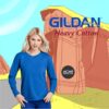 5400L Blonde woman wearing a bright blue long-sleeve Gildan Heavy Cotton shirt in front of a cartoon desert background with stylized rock formations and logos