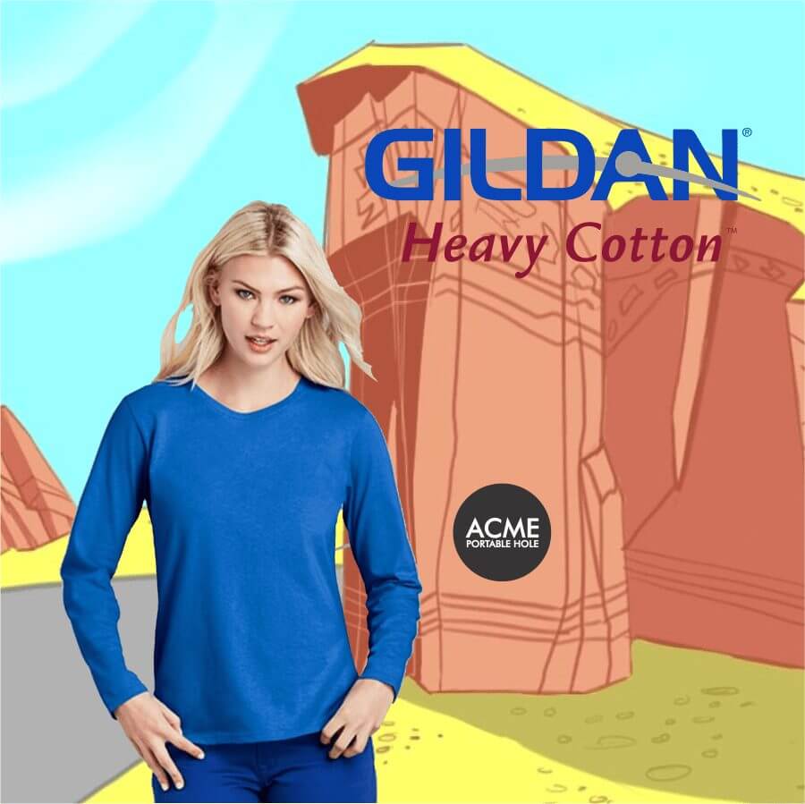 Blonde woman wearing a bright blue long-sleeve Gildan Heavy Cotton shirt in front of a cartoon desert background with stylized rock formations and logos