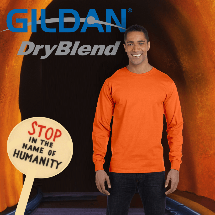 Smiling man wearing a bright orange long-sleeve Gildan DryBlend t-shirt with dark jeans against a dark orange background