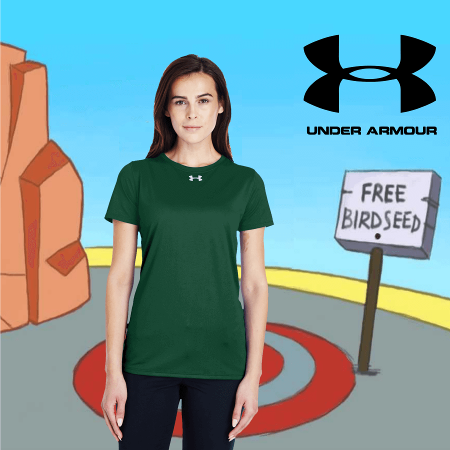 cover_locker_w Woman wearing a dark green Under Armour short-sleeve athletic t-shirt with logo on chest against a cartoon outdoor background