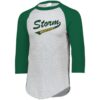 baseball_tee_forest Gray and green raglan baseball t-shirt with three-quarter sleeves and bold printed text 'Storm Westport' on the front