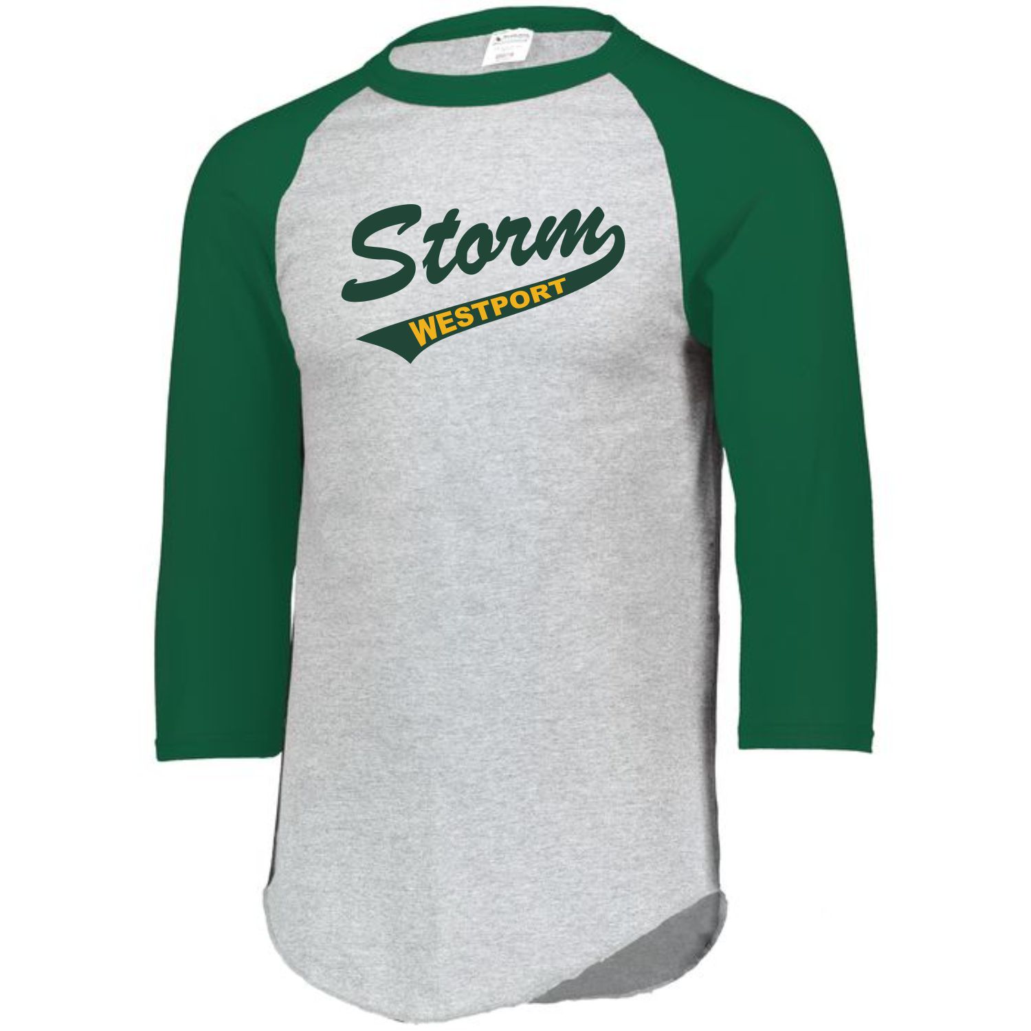 Gray and green raglan baseball t-shirt with three-quarter sleeves and bold printed text 'Storm Westport' on the front