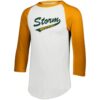 baseball_tee_gold White raglan baseball shirt with mustard yellow sleeves featuring dark green and mustard yellow 'Storm Westport' team logo on the chest
