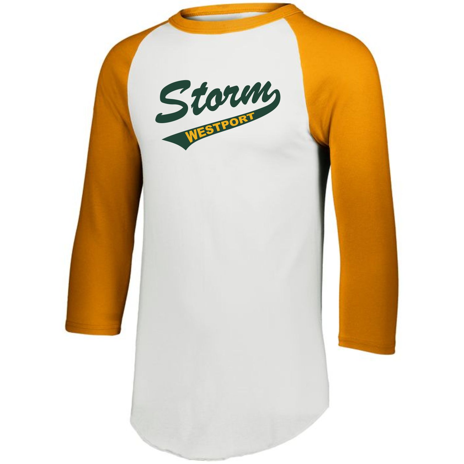 White raglan baseball shirt with mustard yellow sleeves featuring dark green and mustard yellow 'Storm Westport' team logo on the chest