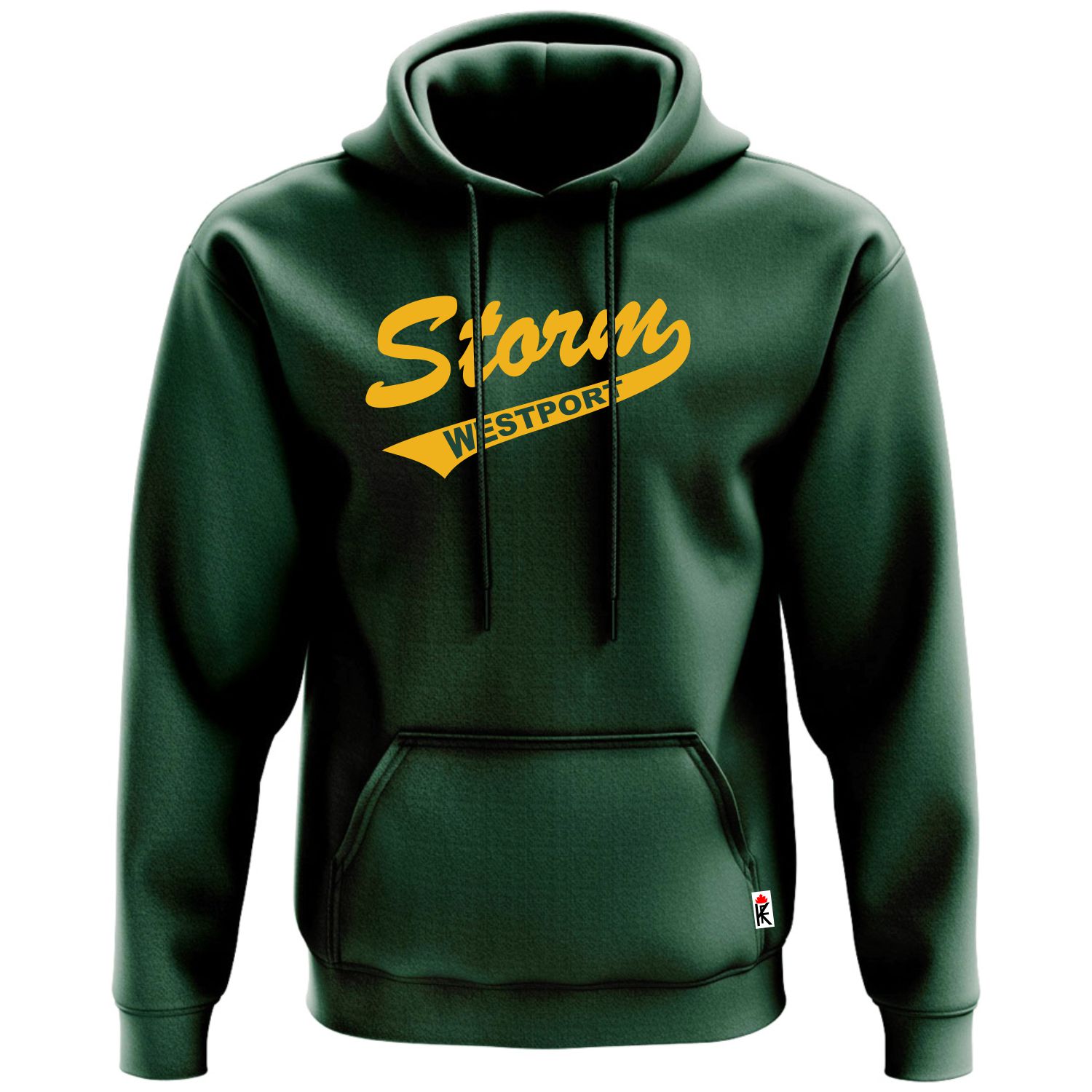 Dark green hoodie with yellow script text "Storm" and "Westport" on the chest, featuring a front kangaroo pocket and drawstring hood