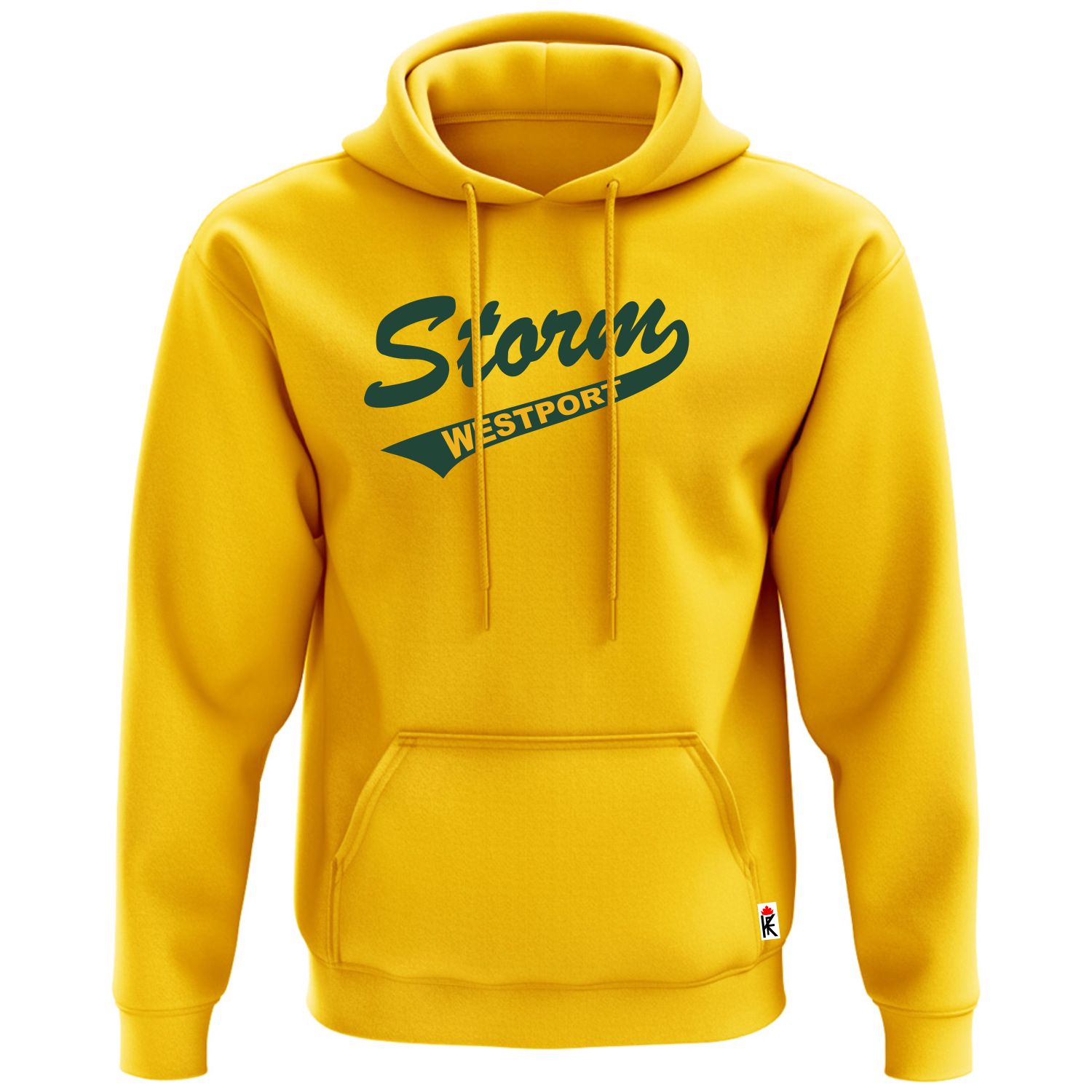 Bright yellow hoodie with front kangaroo pocket and drawstrings, featuring dark green text logo "Storm Westport" on the chest.
