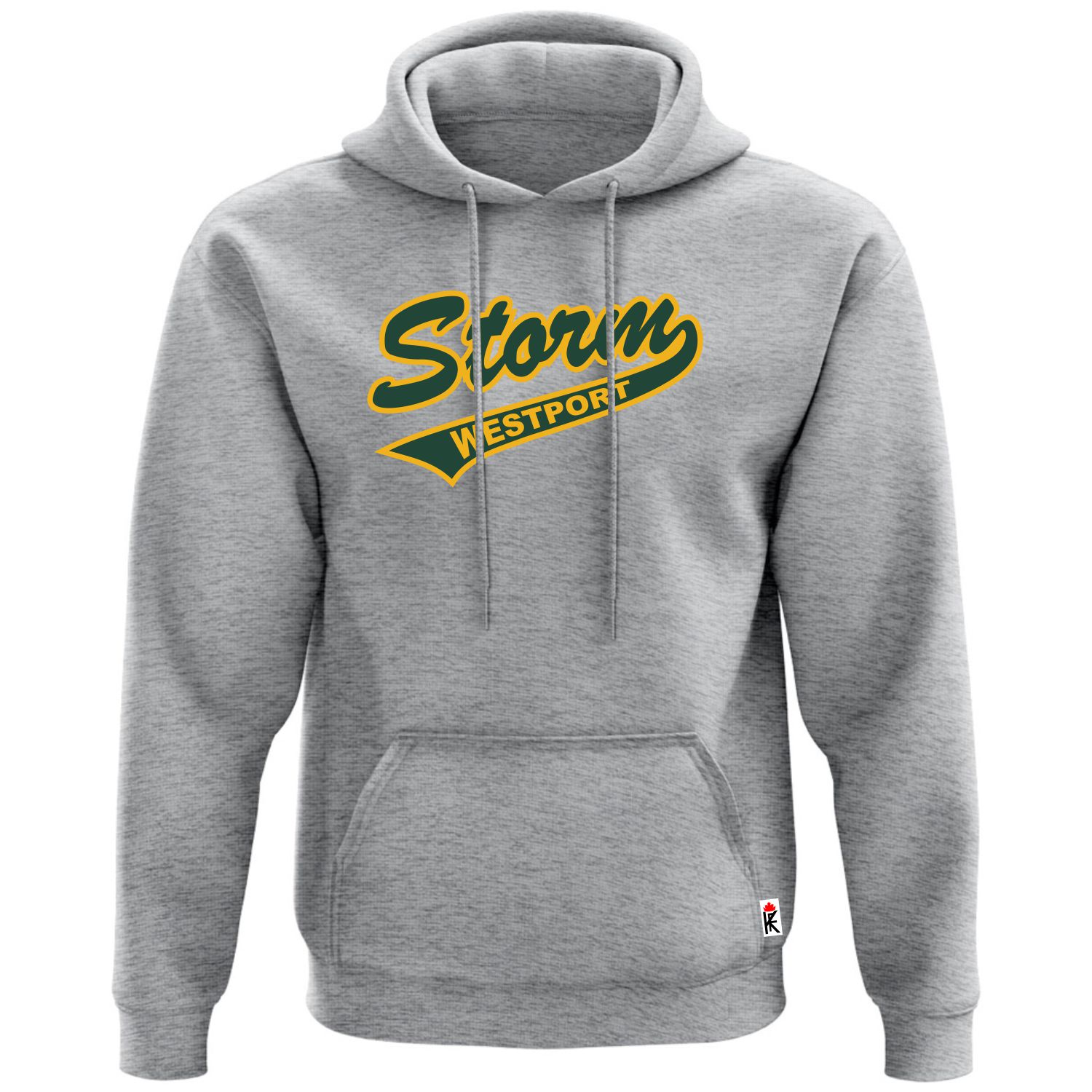Gray hooded sweatshirt with front kangaroo pocket and green and yellow "Storm Westport" graphic on chest
