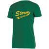 ladies_wicking_teez_forest Green women's V-neck T-shirt with yellow text reading 'Storm Westport'