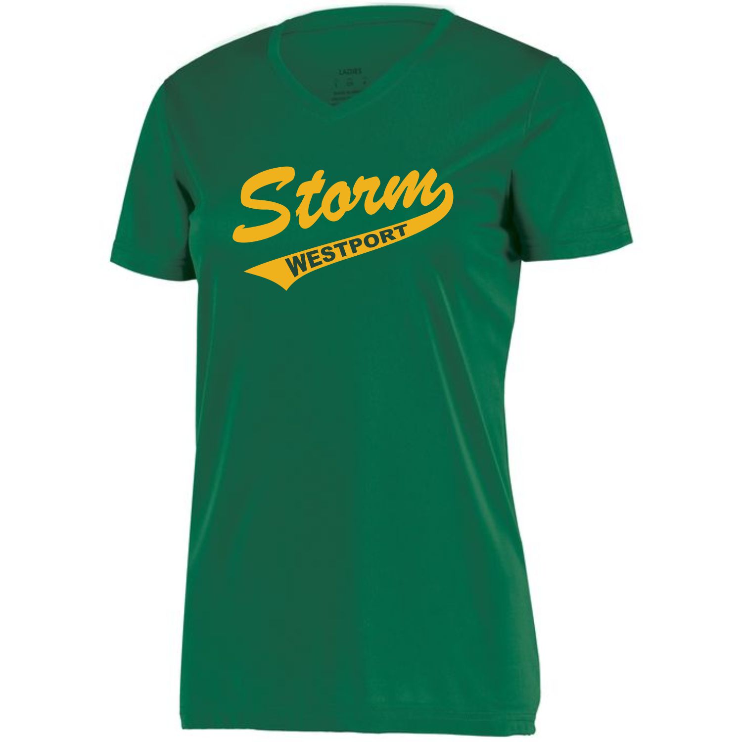 Green women's V-neck T-shirt with yellow text reading 'Storm Westport'