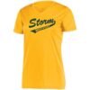 ladies_wicking_teez_gold Yellow women's V-neck T-shirt with "Storm Westport" printed in stylized dark green text on the front