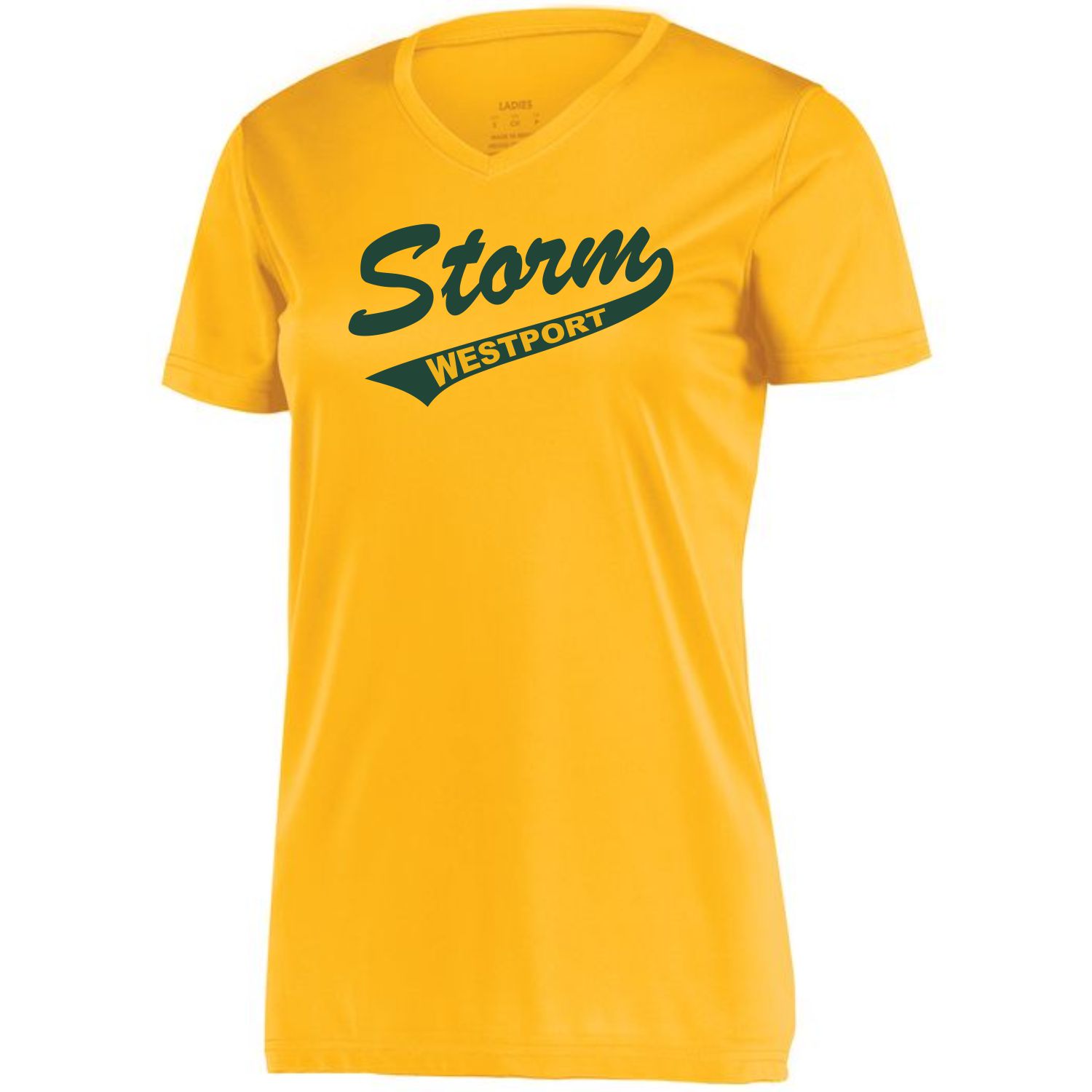 Yellow women's V-neck T-shirt with "Storm Westport" printed in stylized dark green text on the front