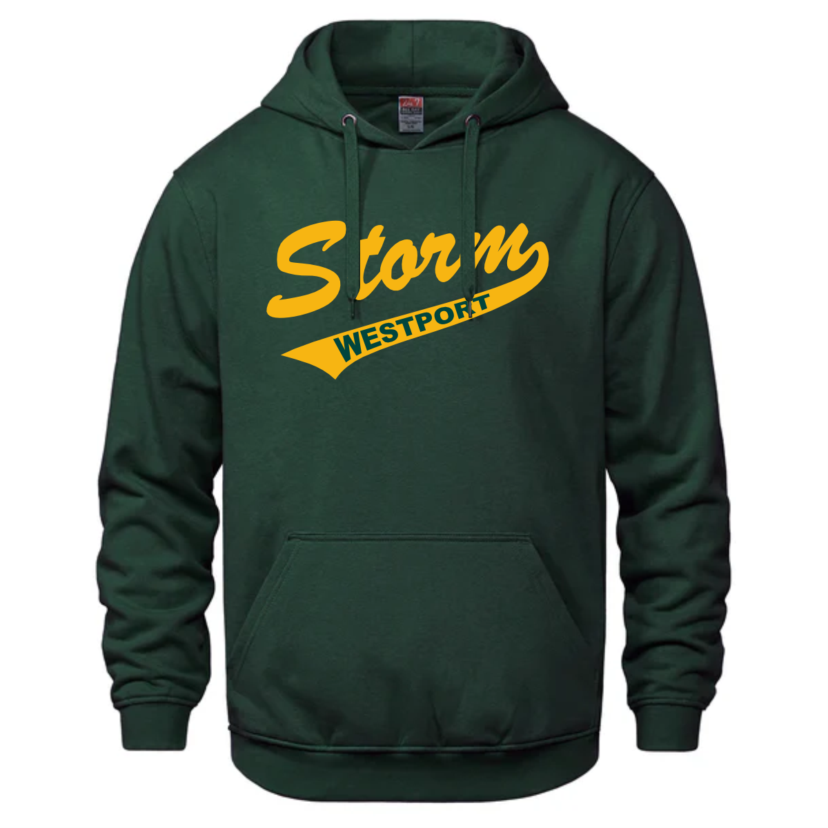 westport_storm_hooded_sweatshirt_forest_green Dark green hoodie featuring "Storm Westport" in bold yellow lettering, ideal for casual wear and team spirit. Perfect for showing support for Westport sports teams or for everyday comfort.