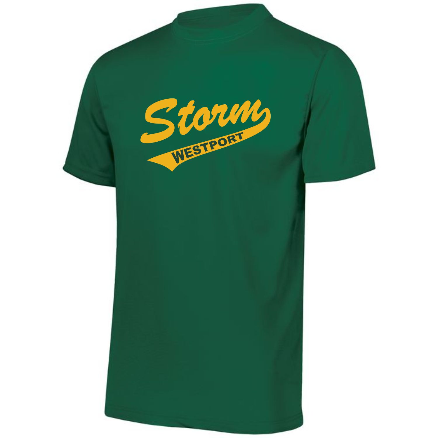 Green short-sleeve t-shirt with yellow text reading 'Storm Westport' on the front