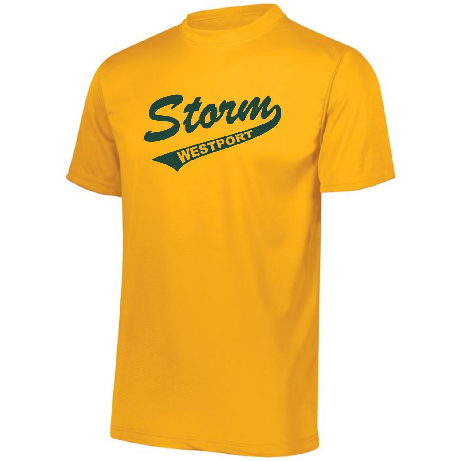Yellow short-sleeve crew neck t-shirt with dark green "Storm Westport" graphic text on the front