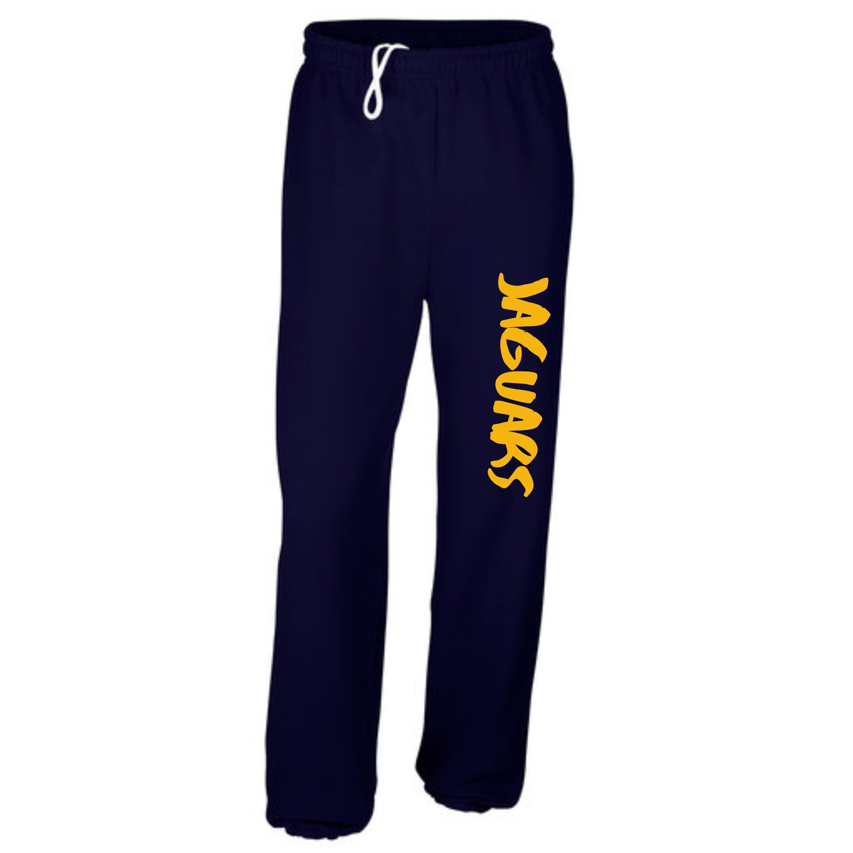 RV_BLACK_PANTS_ADULT Navy blue sweatpants with white drawstring and the word jaguars printed vertically in yellow on the left leg