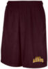 Maroon athletic shorts with yellow logo on left leg