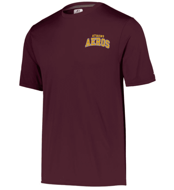 Maroon short-sleeve t-shirt with yellow and white Athens Aeros logo on left chest