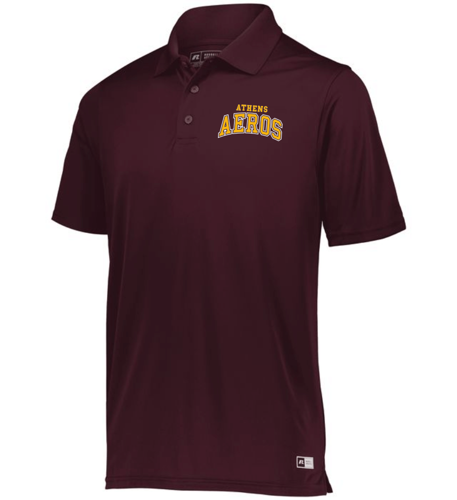 Maroon short-sleeve polo shirt with yellow Athens Aeros logo on left chest