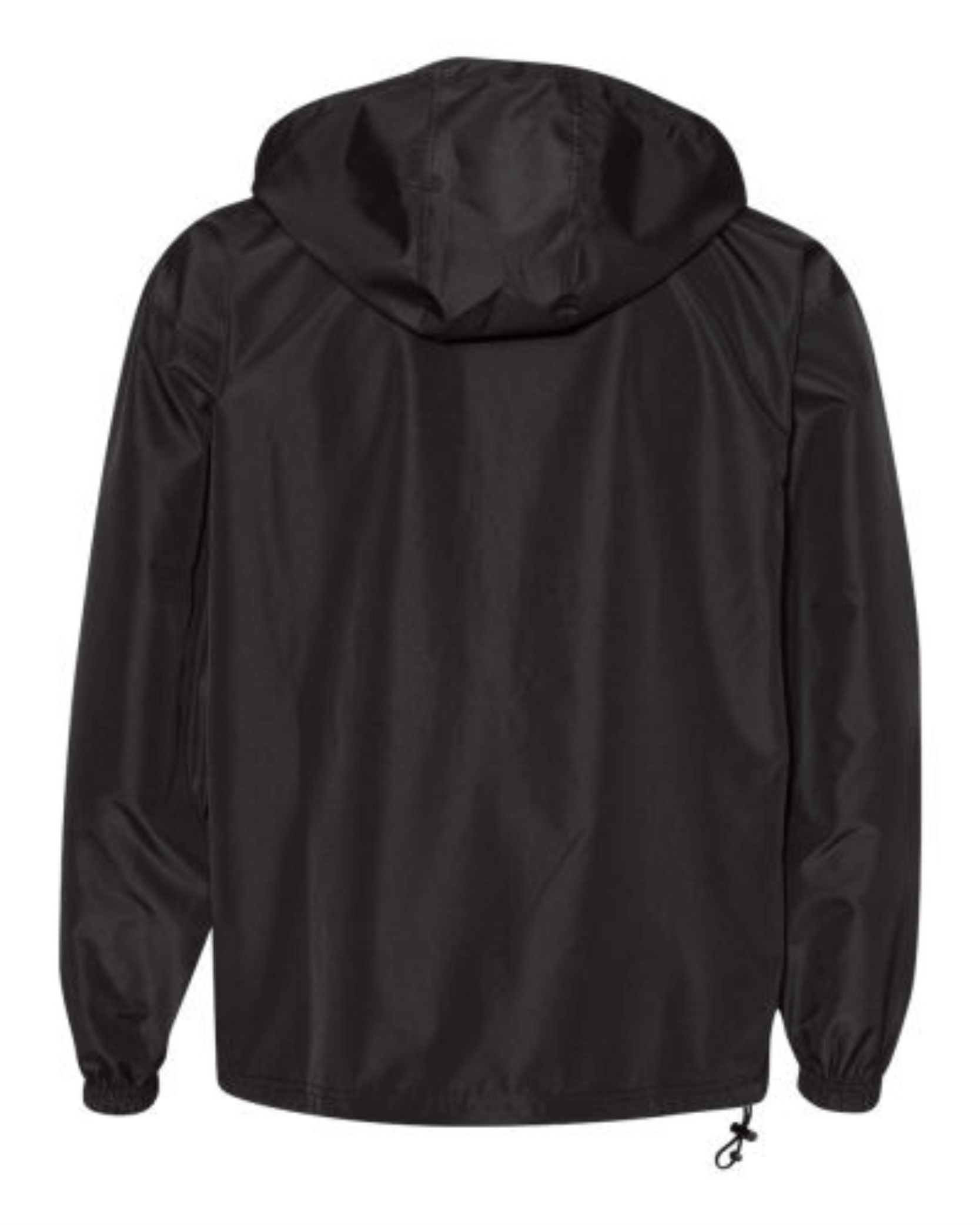 Back view of a black lightweight hooded jacket with elastic cuffs and adjustable drawstring hem