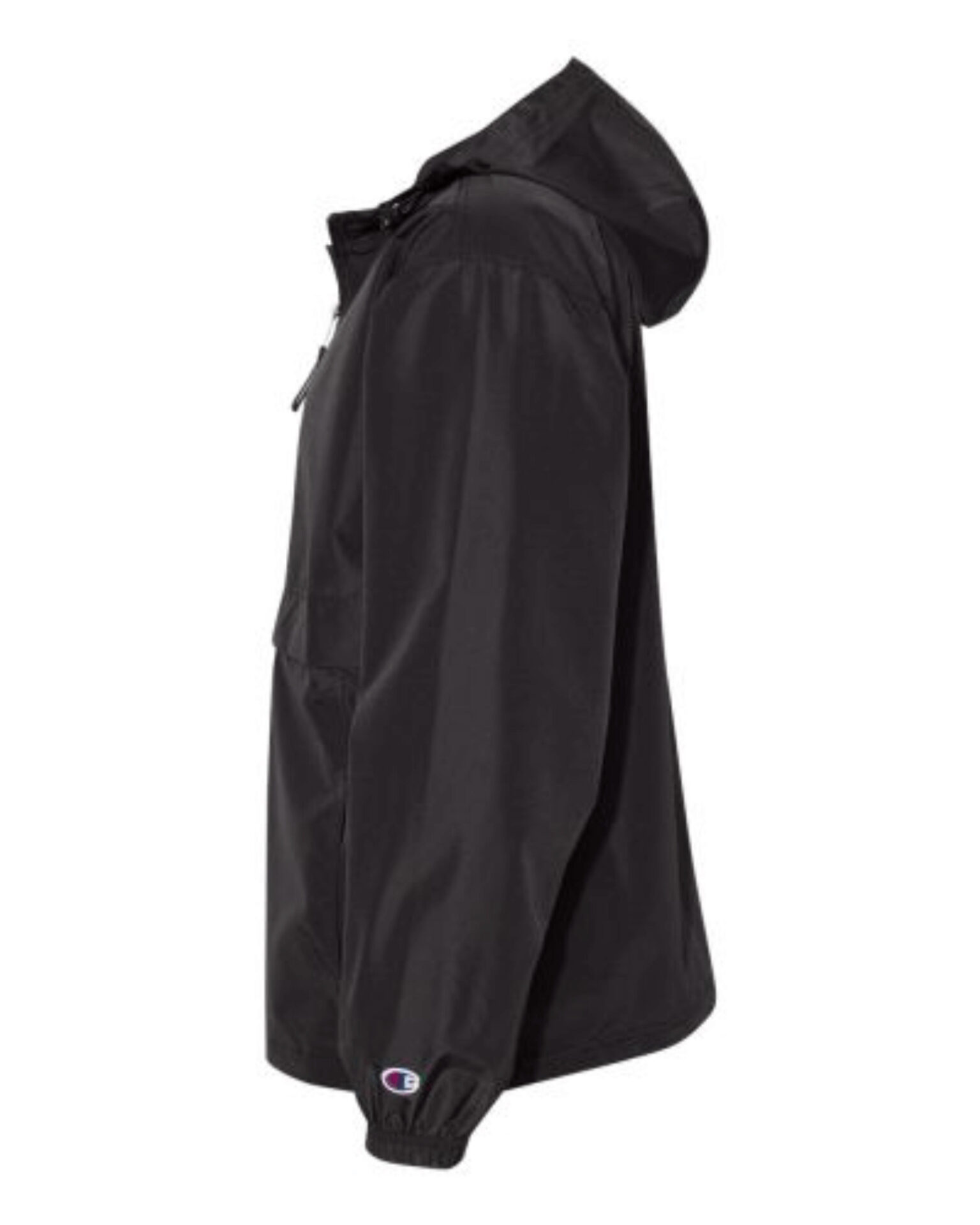 Side view of a black hooded jacket with elastic cuffs and Champion logo patch on the sleeve