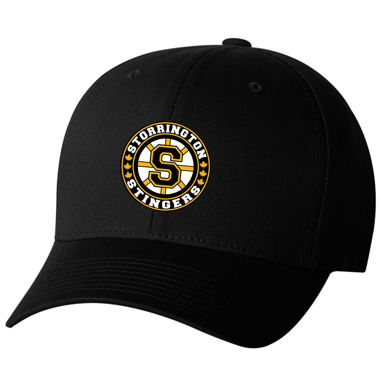 storrington_ballcap Black baseball cap with Storrington Stingers logo featuring a large S and basketball design in yellow, white, and black