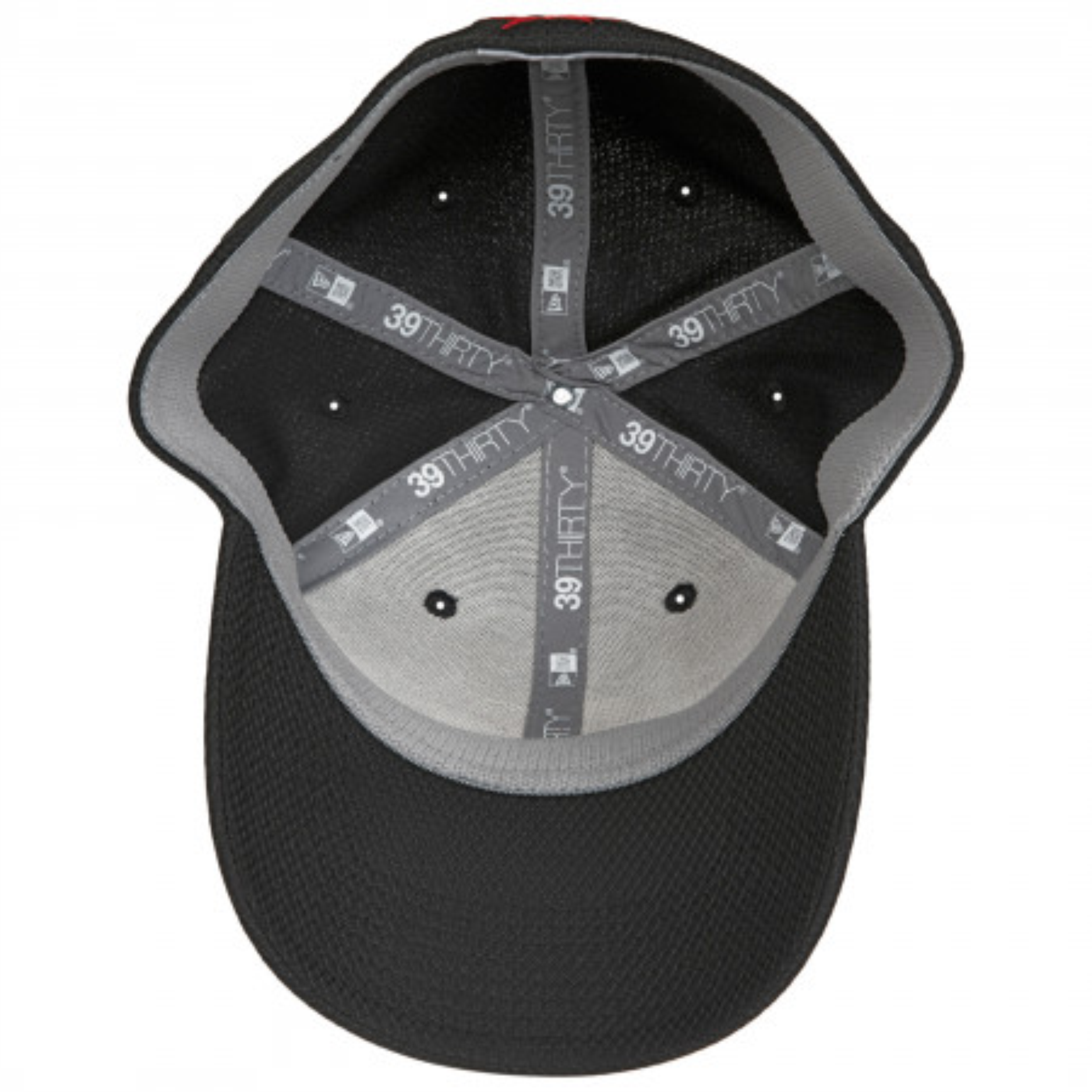 storrington_ballcap_webbing Interior view of a black and gray New Era 39THIRTY fitted baseball cap showing mesh and fabric panels with branded taping
