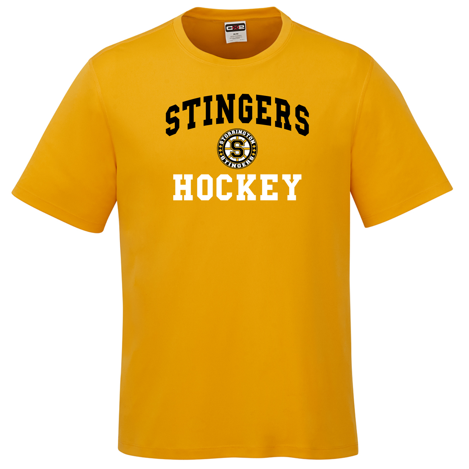 storrington_performance_tee_gold Yellow short-sleeve Storrington Stingers hockey T-shirt with black and white printed text and logo on the front