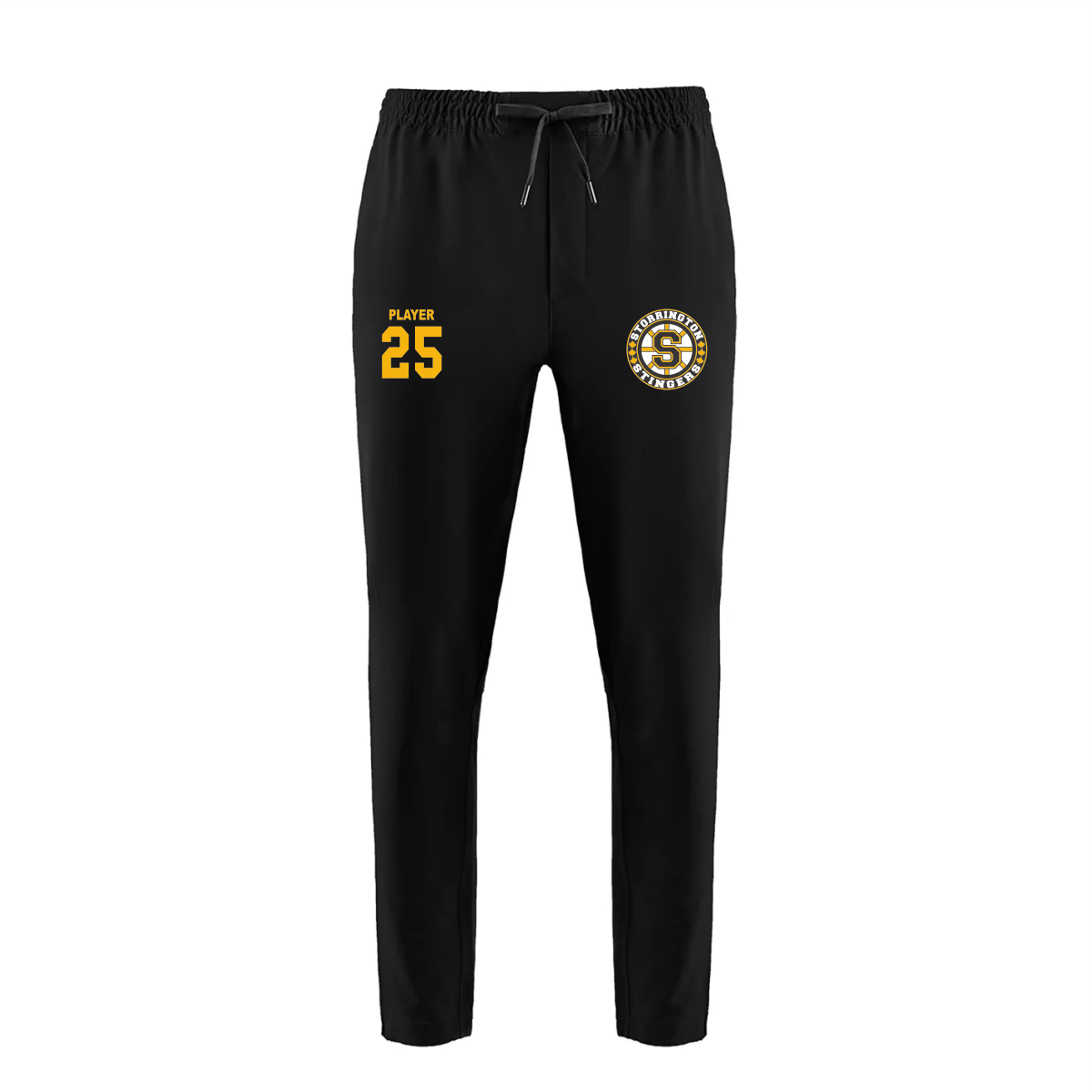 Canada Sportswear P04205 Propel 91% recycled polyester, 9% elastane black athletic pants featuring "PLAYER 25" in bold yellow lettering on the left leg and a team logo on the right leg, ideal for casual wear or sports activities.
