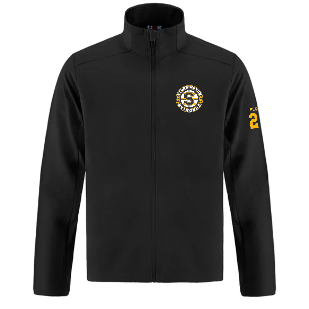 Canada Sportswear L04200 Pursuit 91% recycled polyester, 9% elastane black zip-up jacket featuring a prominent sports logo on the left chest and the number "2" on the right sleeve, designed for fans of team apparel.