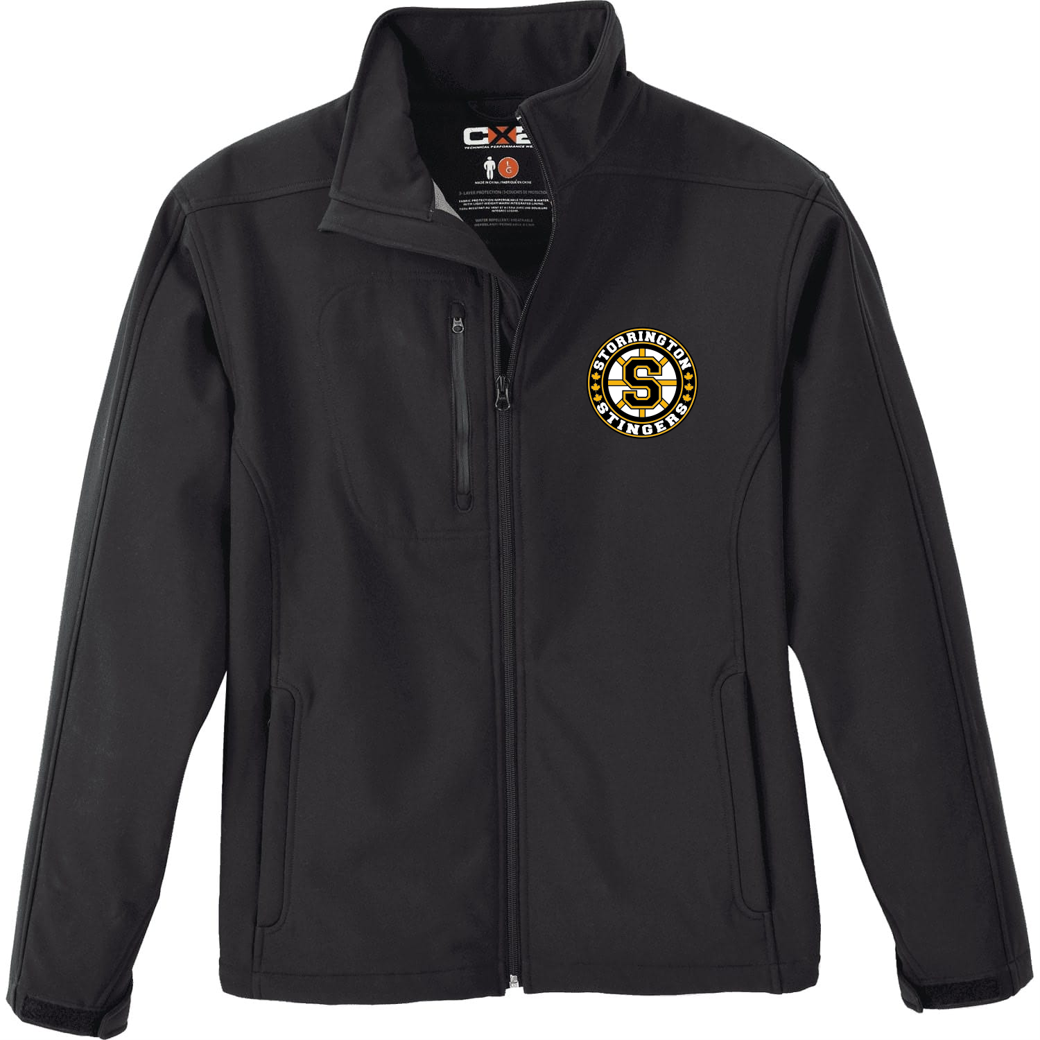Black full-zip softshell jacket with Storrington Stingers logo on left chest, chest zip pocket, side pockets, and adjustable Velcro cuffs