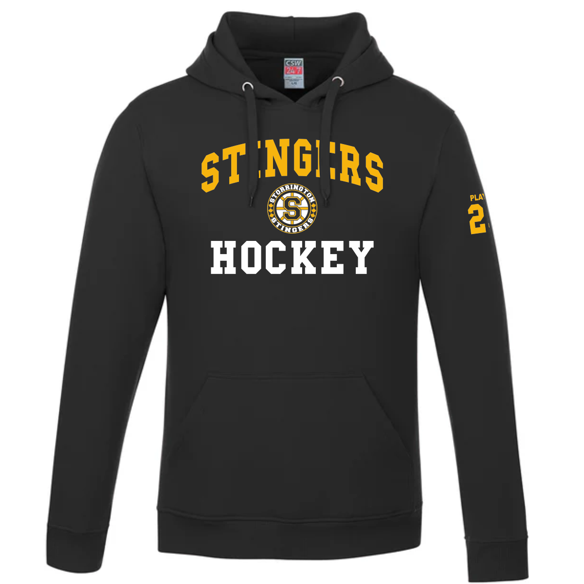 Canada Sportswear L0550 Vault 70% Cotton 30% Polyester black hoodie featuring "STINGERS HOCKEY" text and a team logo, ideal for hockey fans and players. The design includes player number 2 on the sleeve, making it perfect for team spirit and casual wear.