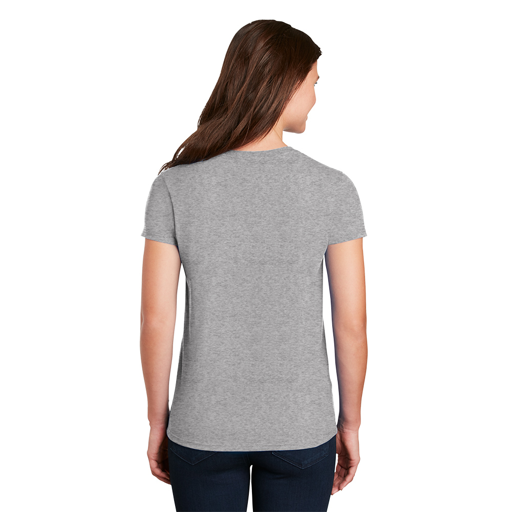 2000L_sport grey_model_back Woman with long brown hair wearing a plain gray short-sleeve t-shirt and dark jeans, pictured from the back on a white background