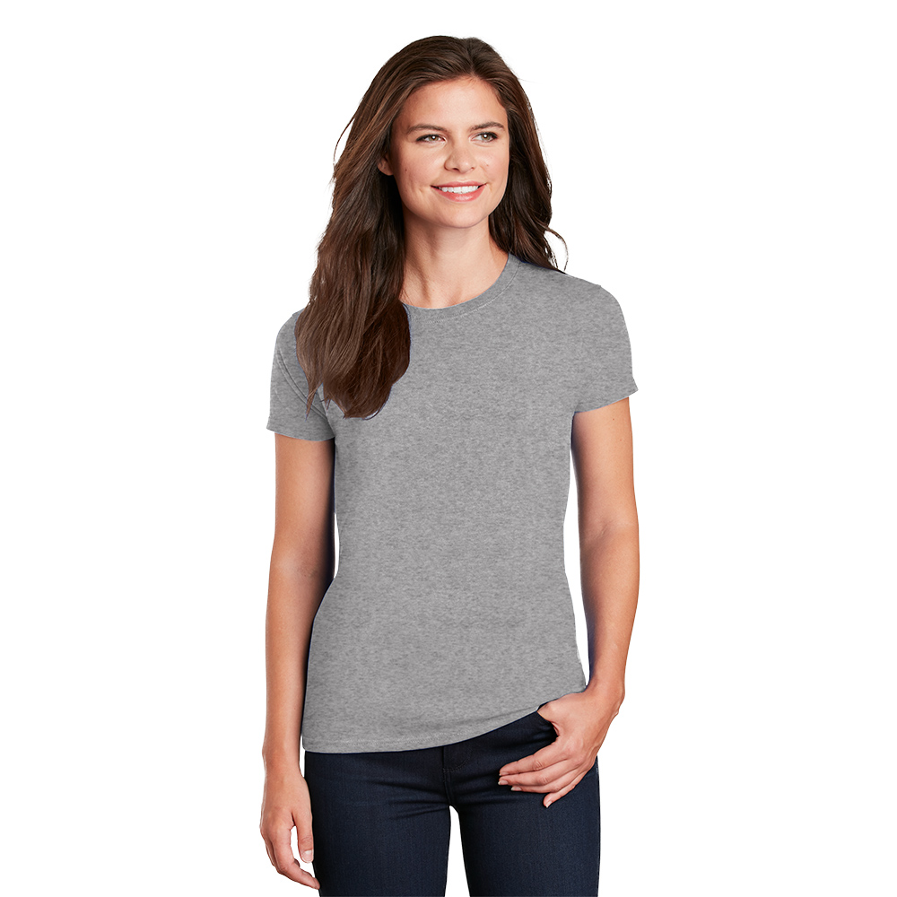 2000L_sport grey_model_front Woman wearing a fitted gray t-shirt paired with dark jeans, smiling confidently. This versatile tee is ideal for casual wear or layering, showcasing a classic round neckline and short sleeves. Perfect for everyday outfits or custom designs.