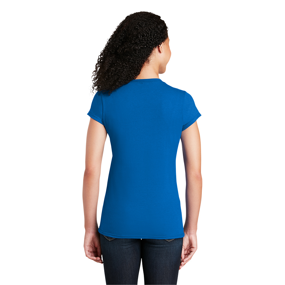 Rear view of a person with curly hair wearing a plain royal blue short-sleeve t-shirt and dark jeans against a white background