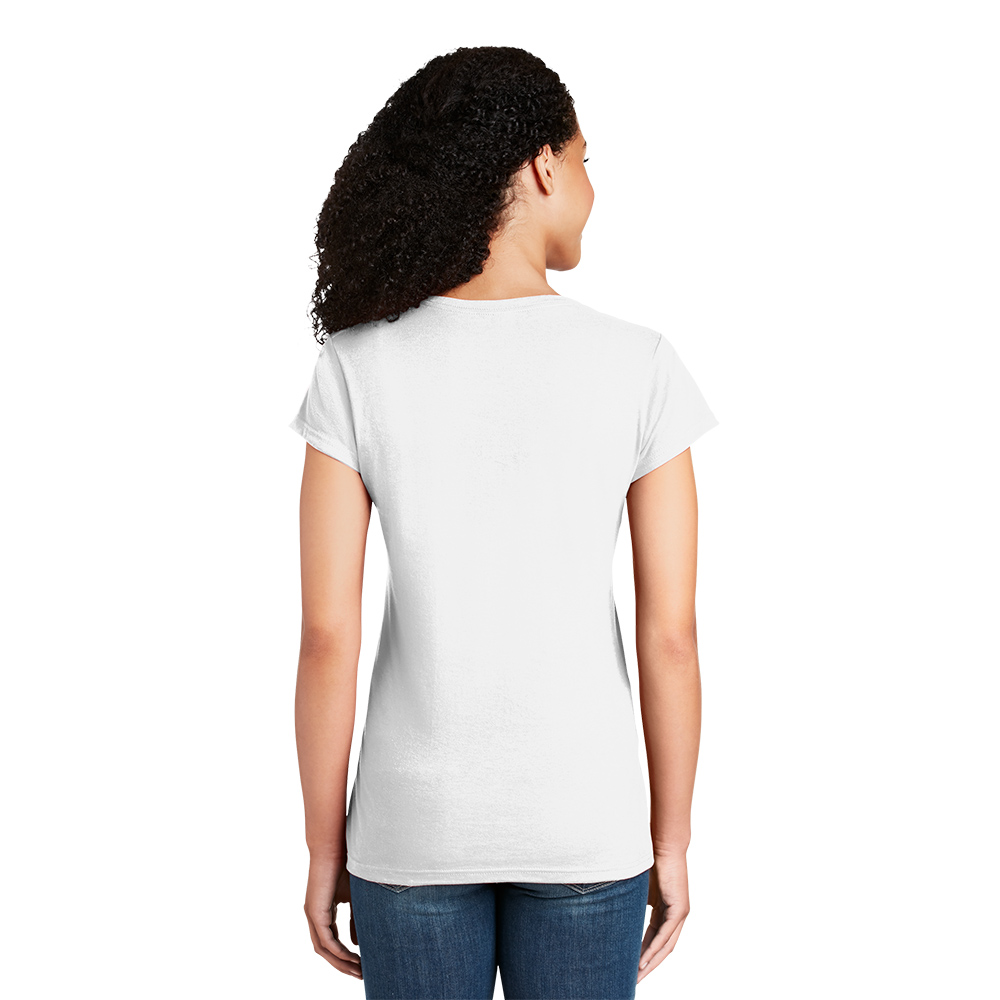 Rear view of a woman with curly hair wearing a plain white short-sleeve t-shirt and blue jeans against a white background.