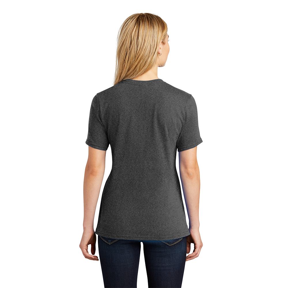 Back view of a woman with long blonde hair wearing a plain dark gray short-sleeve t-shirt and dark blue jeans against a white background.
