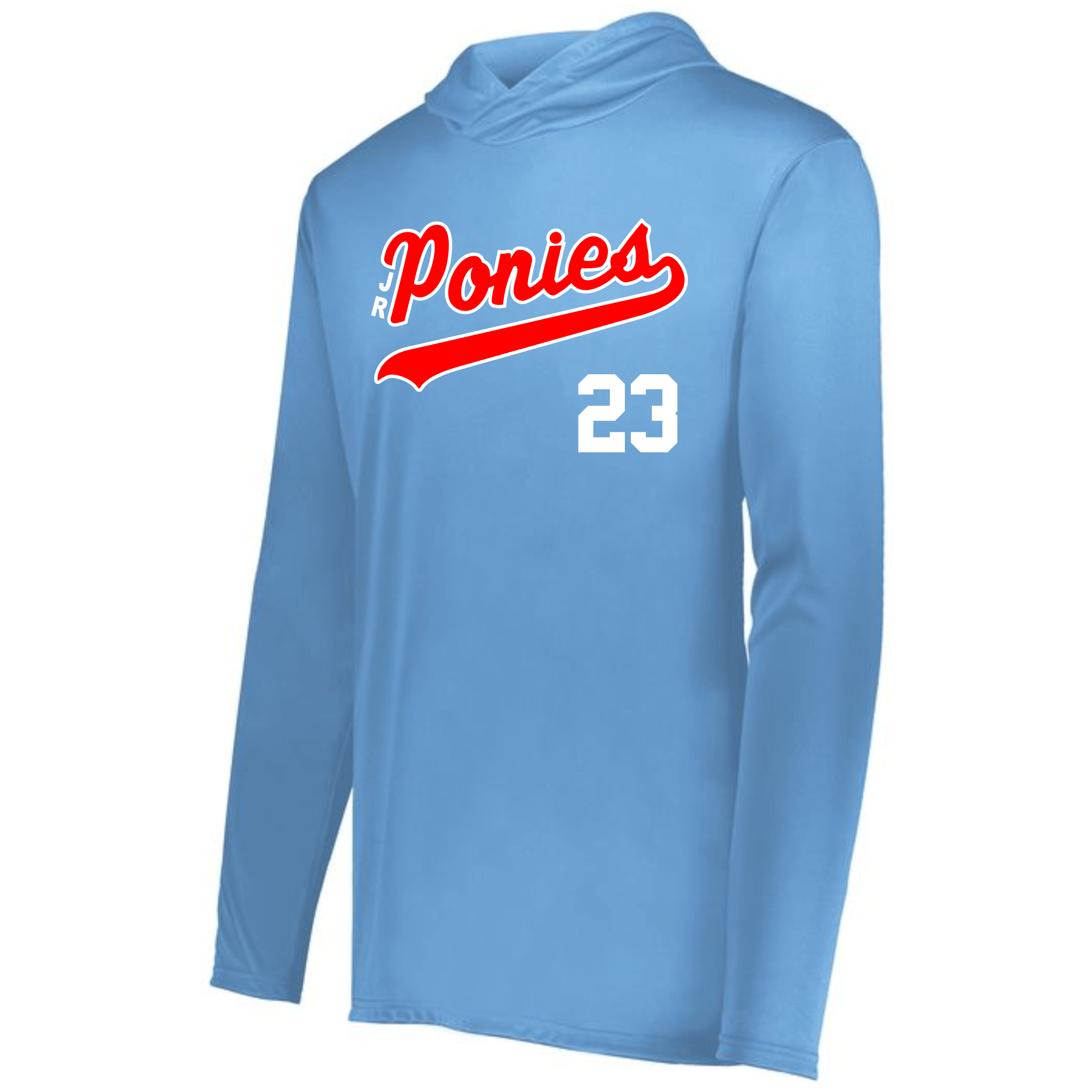 Light blue long-sleeve hoodie with red and white text reading 'Ponies' and the number 23 on front