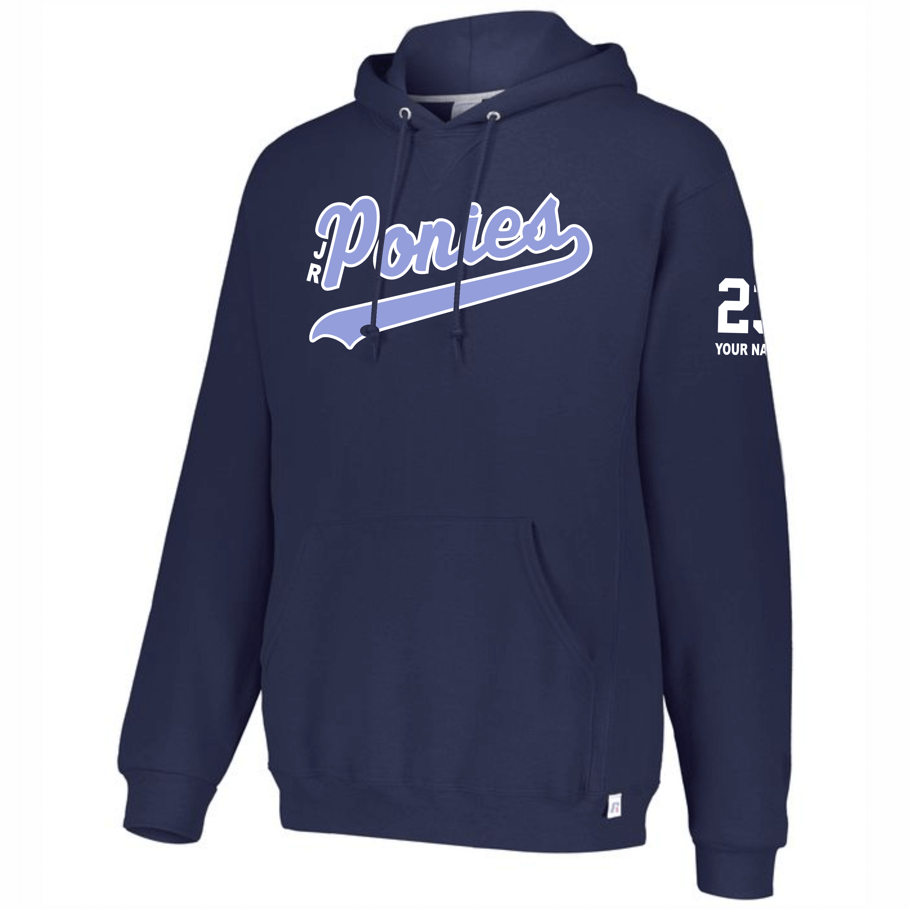 Navy blue hoodie with the word Junior Ponies in blue and white script on the chest and the number 23 with placeholder text on the left sleeve.