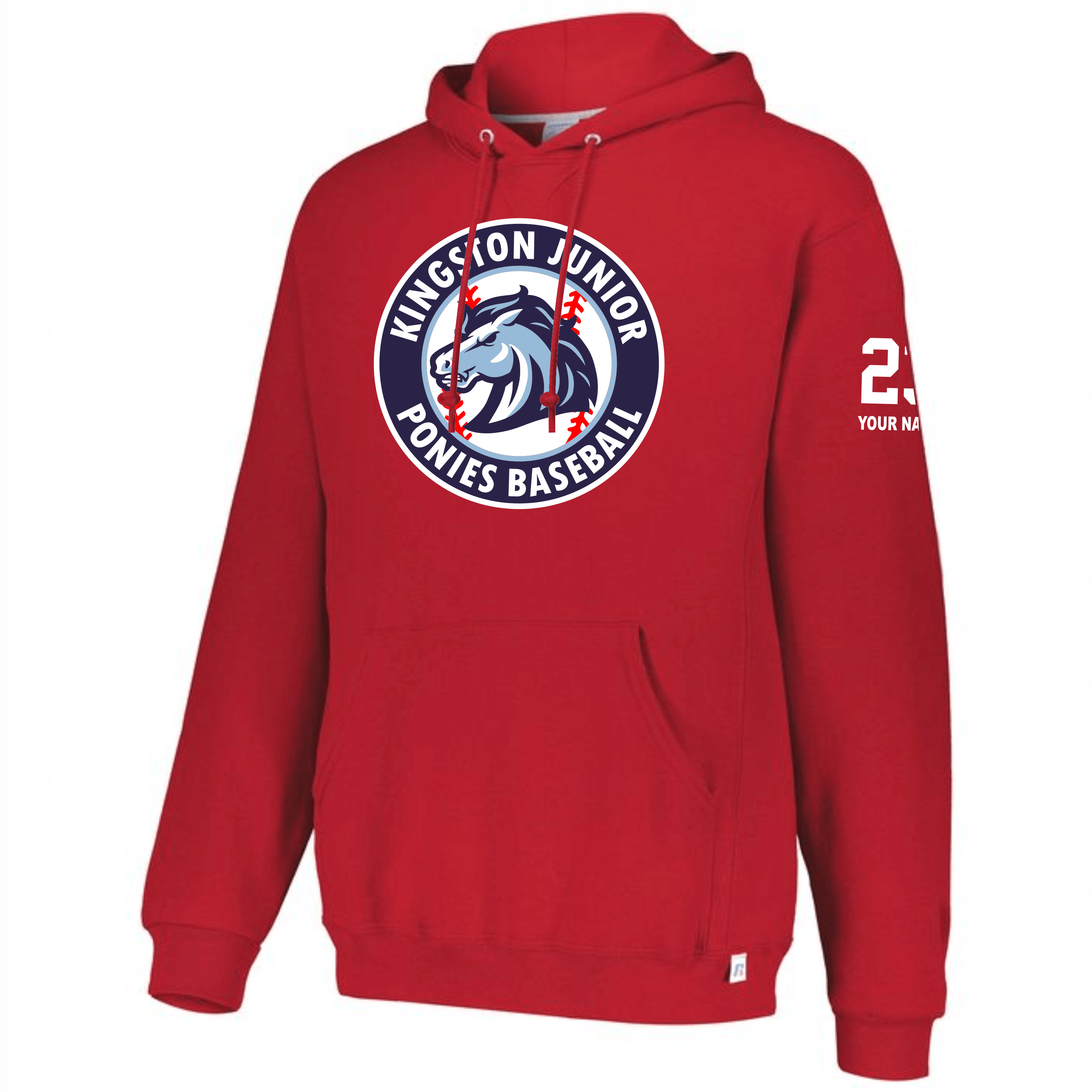 Red hooded sweatshirt with a front graphic of a pony's head inside a baseball design and the text 'Kingston Junior Ponies Baseball', with the number '23' and placeholder text 'Your Name' on the right sleeve.