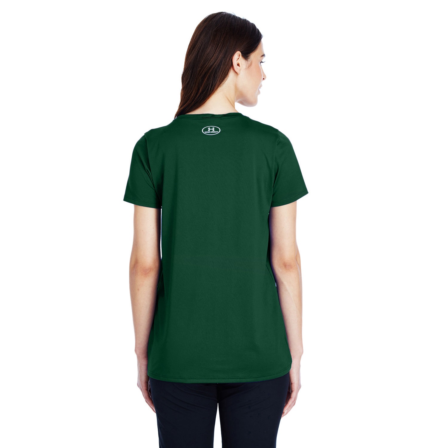 1305510_44_z_bk Woman shown from the back wearing a dark green short-sleeve t-shirt with a small Under Armour logo near the neckline, paired with black pants, against a white background.