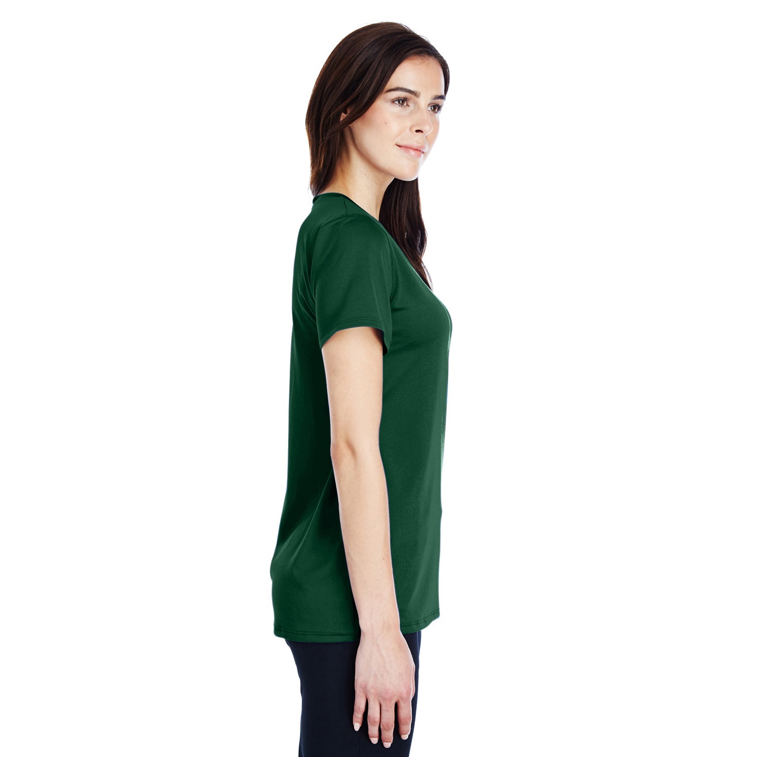 1305510_44_z_sd Side view of a woman wearing a green short-sleeve t-shirt, showcasing its casual fit and style. Ideal for everyday wear or outdoor activities.