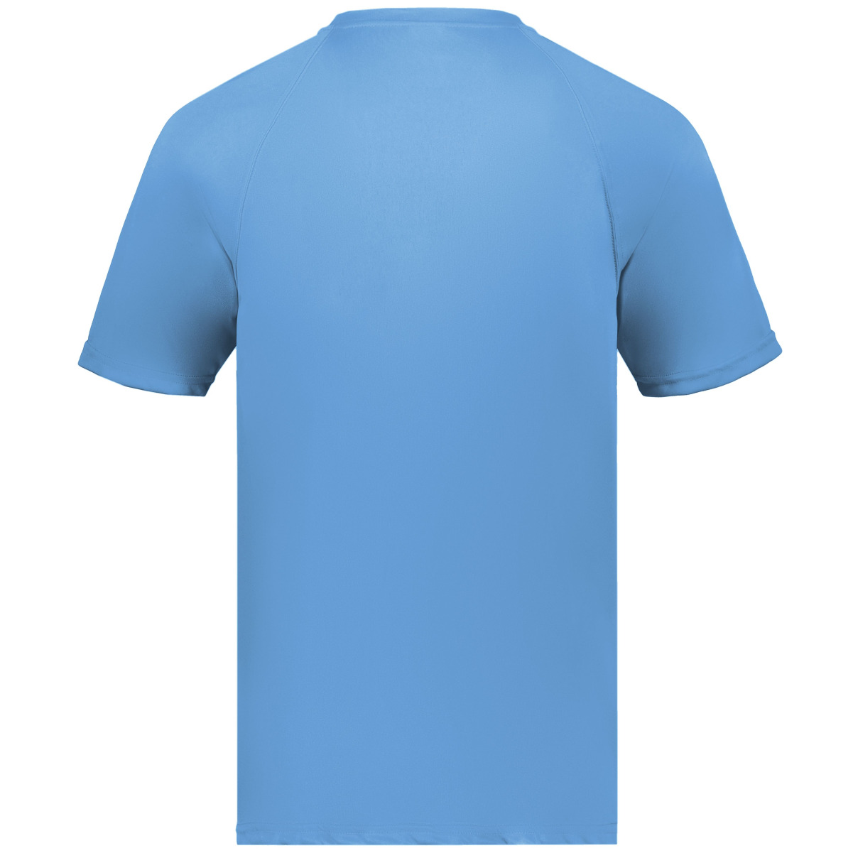 Back view of a plain light blue short-sleeve athletic t-shirt with a crew neck and raglan sleeves