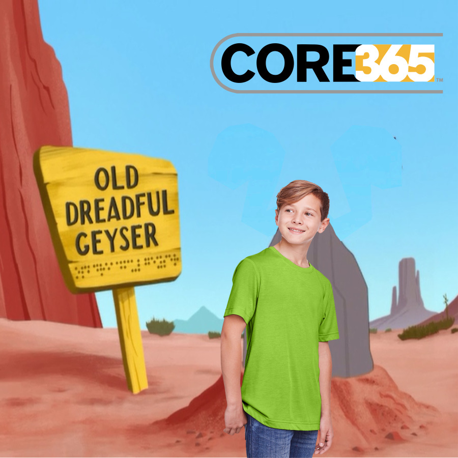 Boy wearing a lime green short-sleeve t-shirt and blue jeans against a cartoon desert background with a yellow sign reading 'Old Dreadful Geyser'