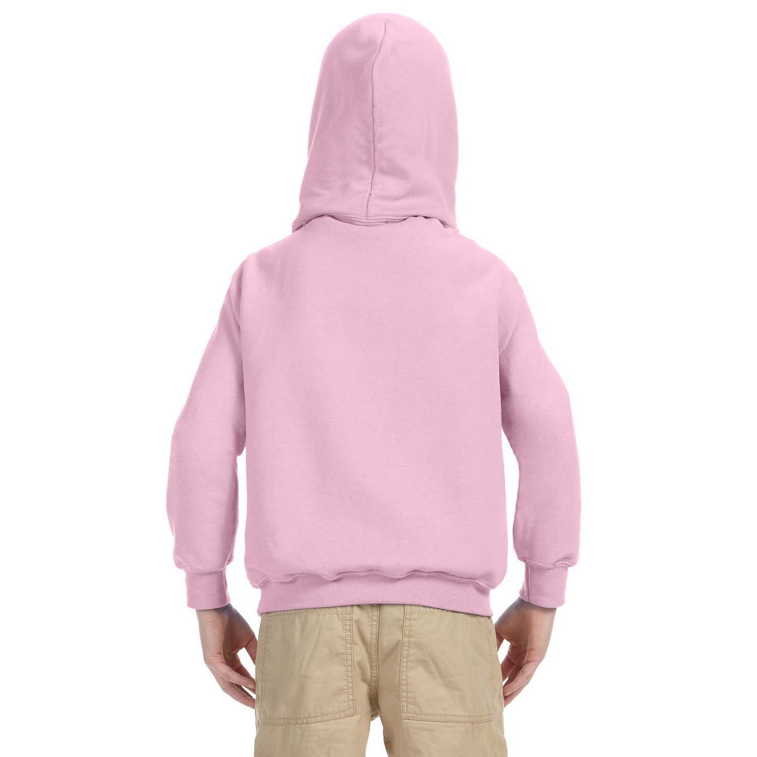18500B_cover_back Back view of a person wearing a light pink hoodie and beige pants against a white background