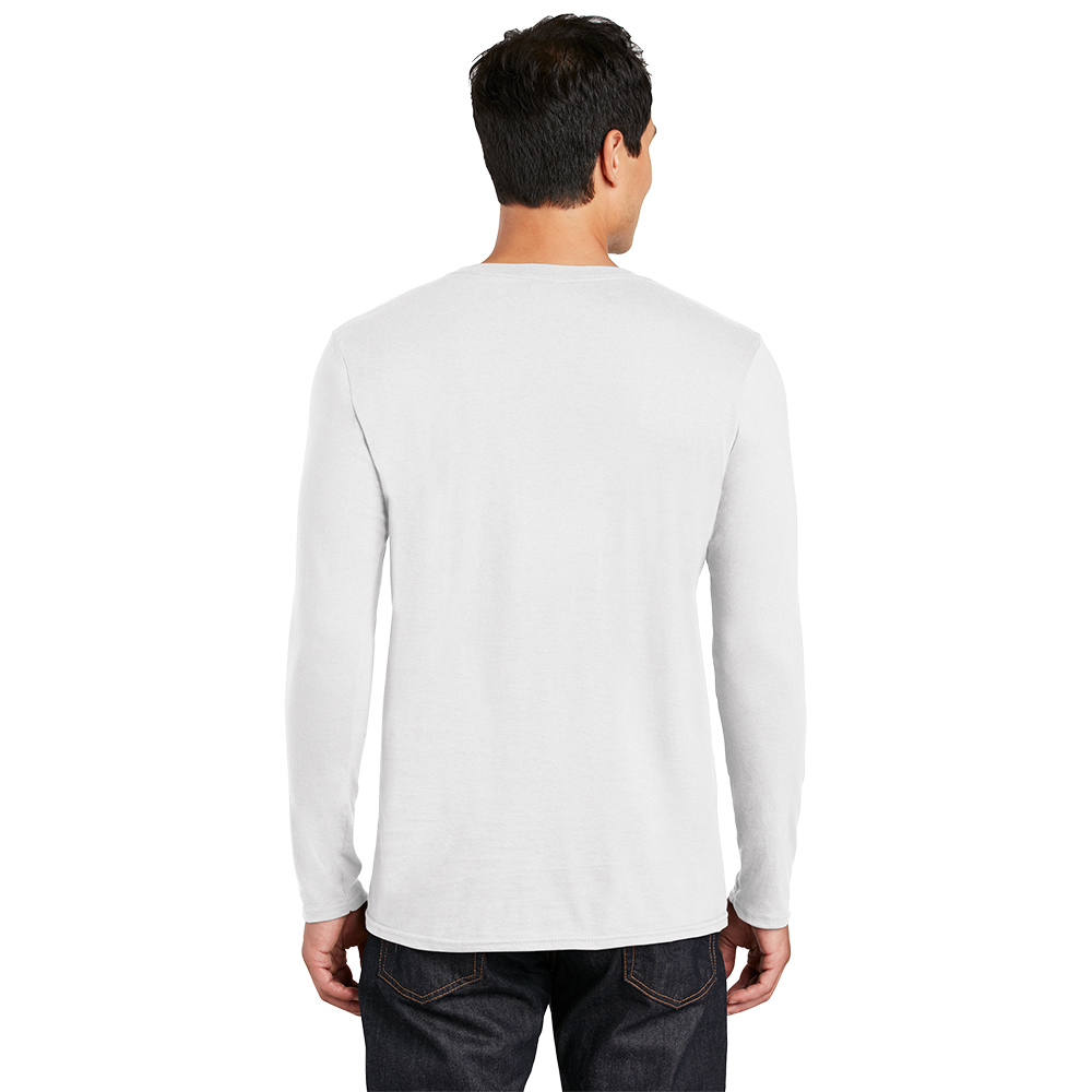Rear view of a man wearing a plain white long-sleeve shirt and dark jeans against a white background