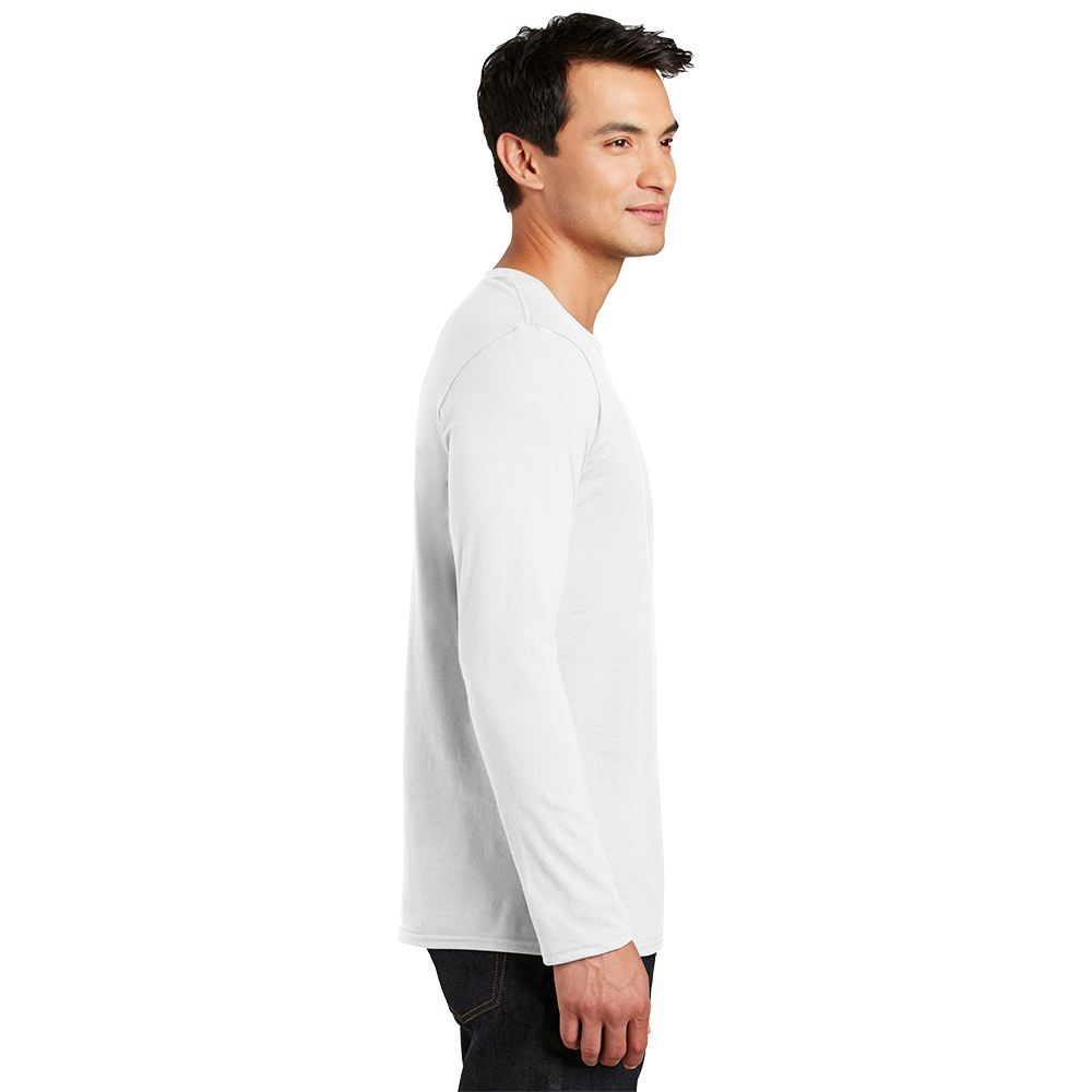 Profile view of a man wearing a plain white long-sleeve shirt and dark pants against a white background.
