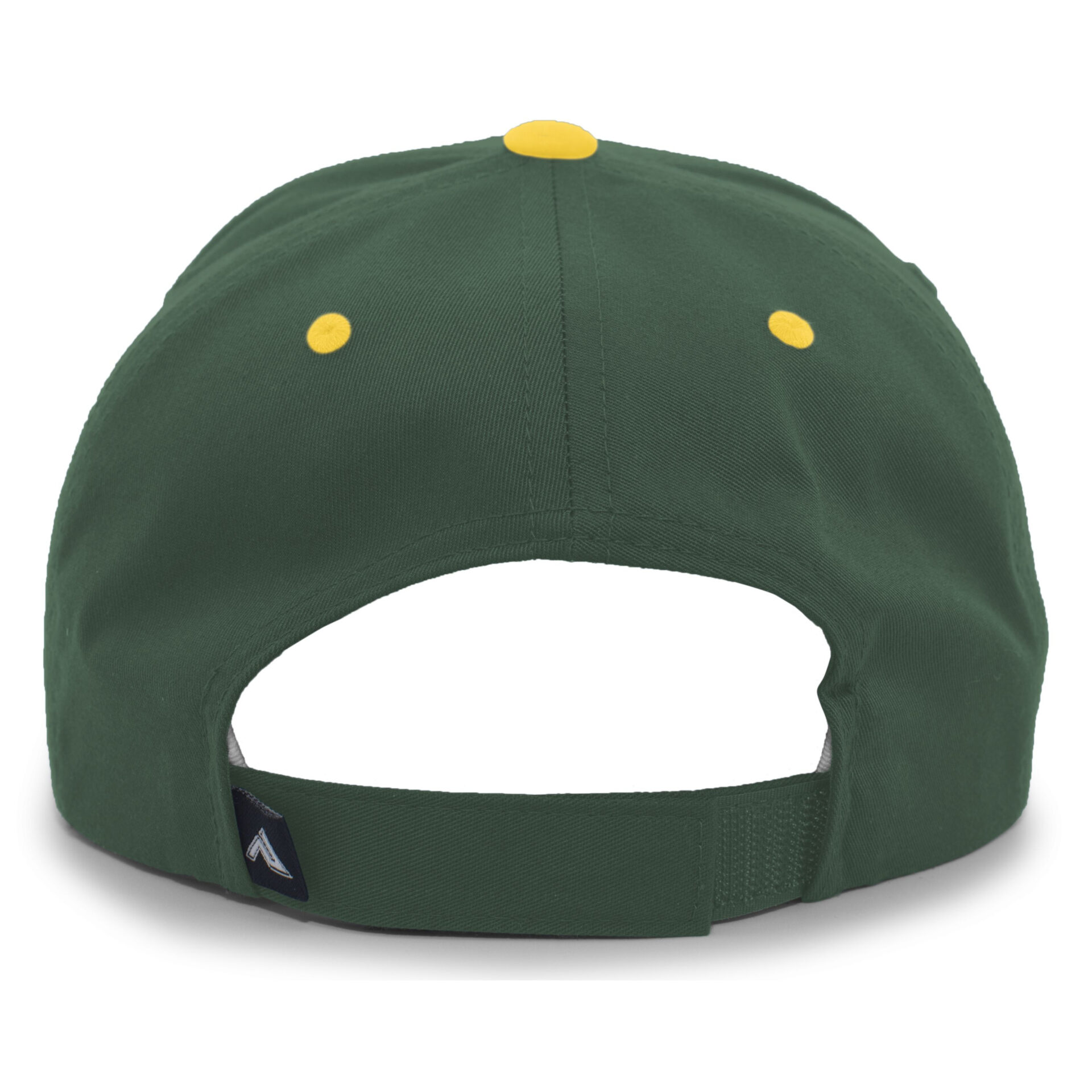 Adjustable dark green baseball cap with yellow button and ventilation eyelets, shown from the back