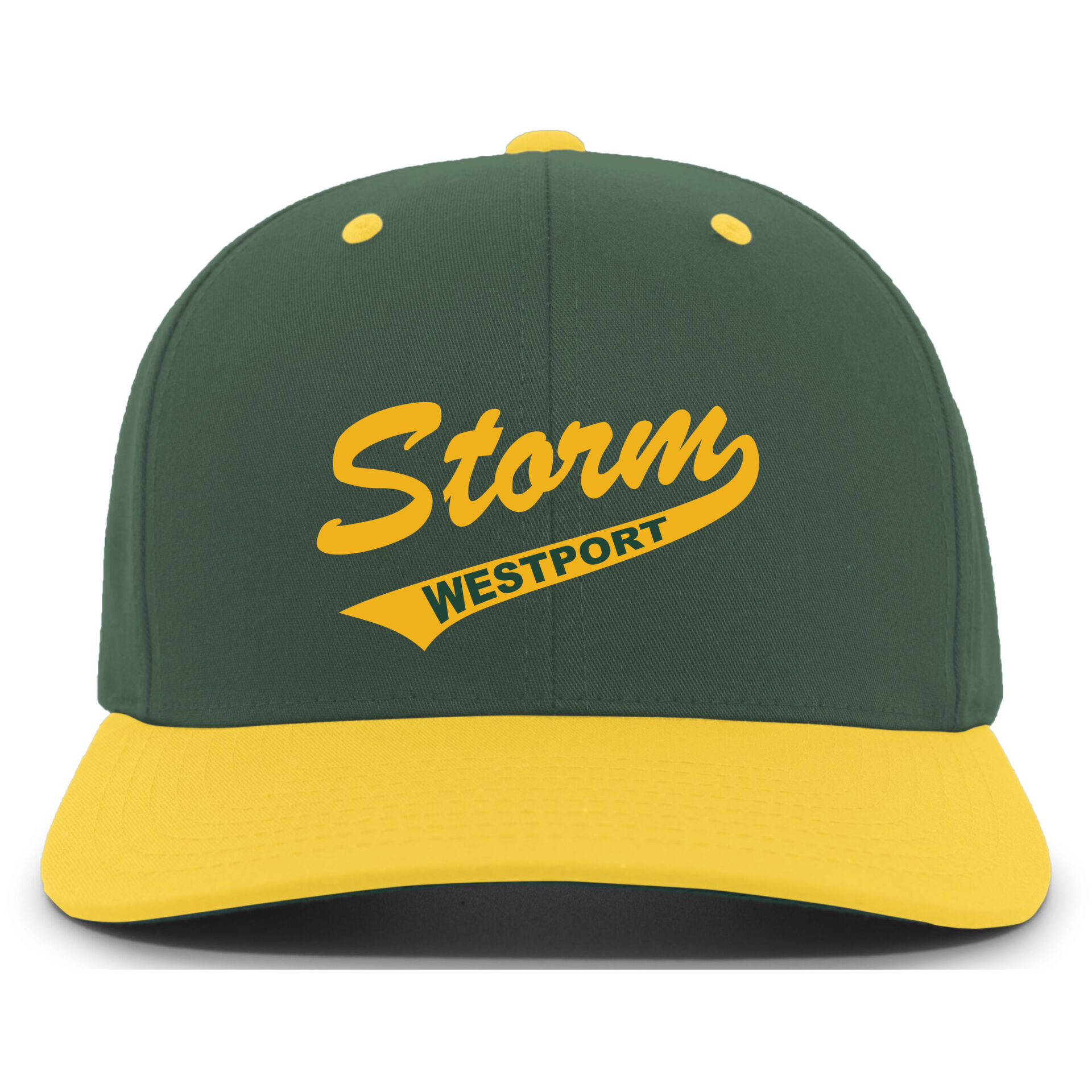 Dark green baseball cap with yellow brim and button, featuring yellow "Storm Westport" text logo on front