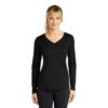 L3520LS_COVER_FRONT Woman wearing a black long-sleeve V-neck athletic top with fitted sleeves and a smooth fabric finish
