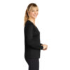 L3520LS_COVER_SLEEVE Side view of a woman wearing a fitted black long-sleeve V-neck shirt with black leggings against a white background